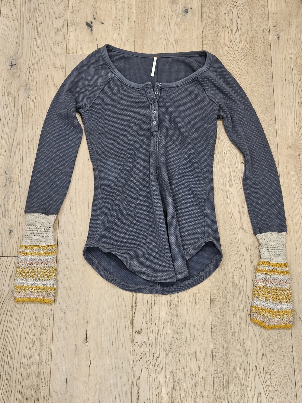 Free People Fleur Embroidered Cuff Henley Gray & Yellow